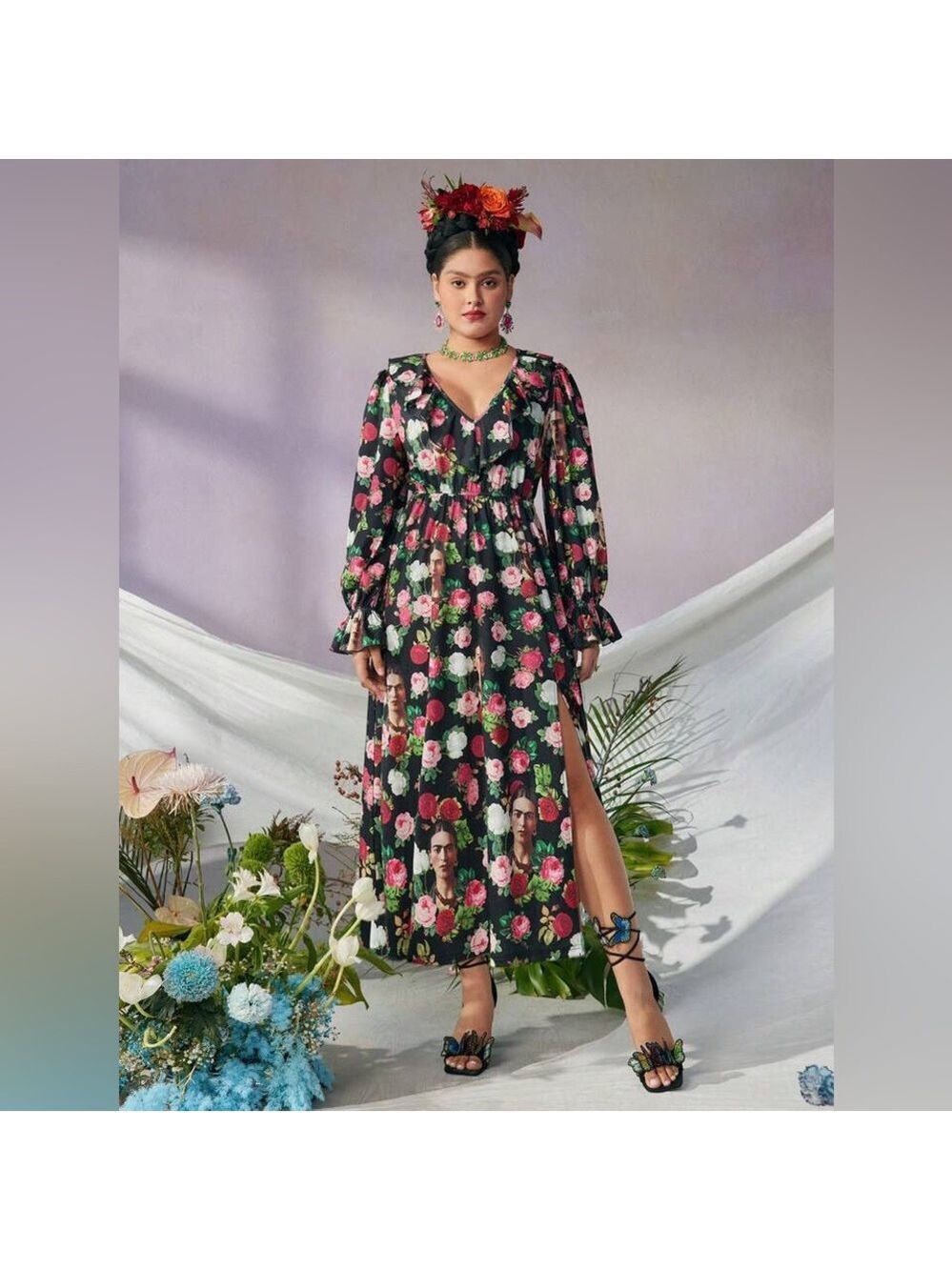 Frida Kahlo x SHEIN Roses and Portraits Red Floral Ruffle Dress - Size 12 (0XL)